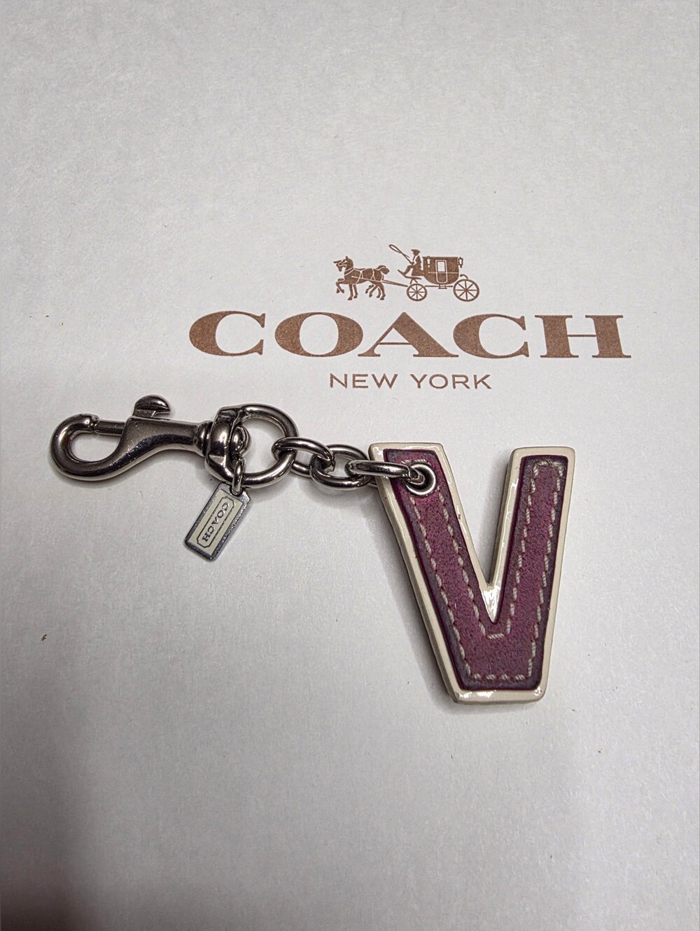 Authentic COACH Purple Leather & Cream Initial Letter "V" Bag Charm Keychain Y2K